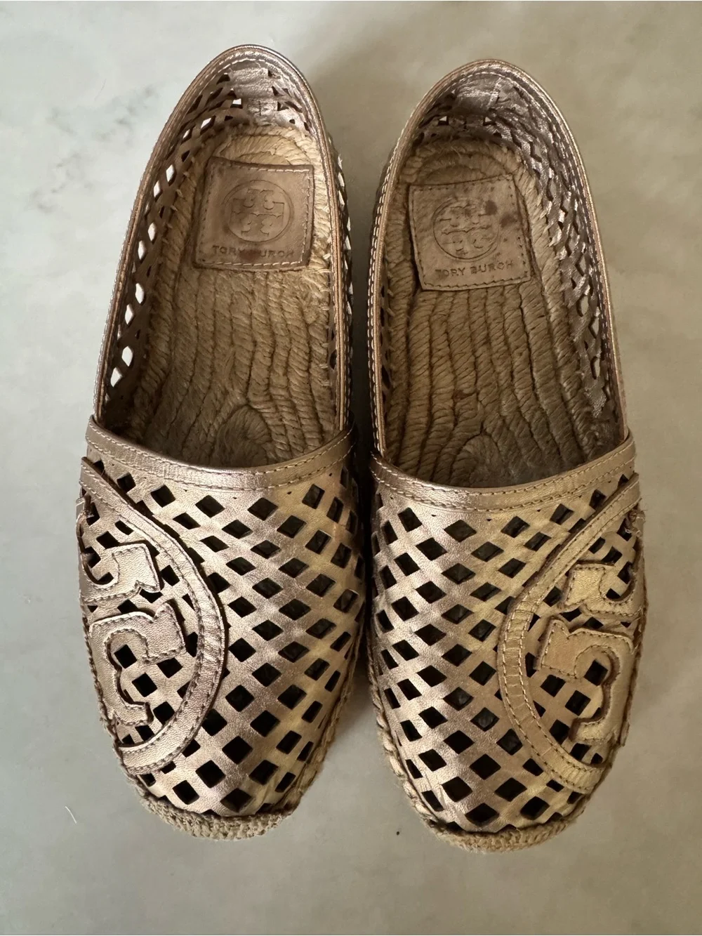 Tory Burch Metallic Gold Laser-Cut Espadrille Flats
